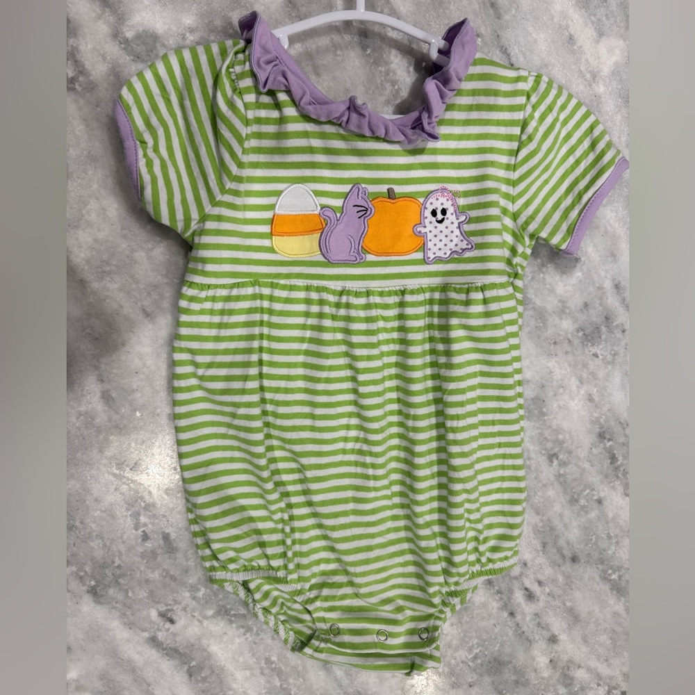 Green and Purple Striped Kids Bodysuit with Halloween Appliqués